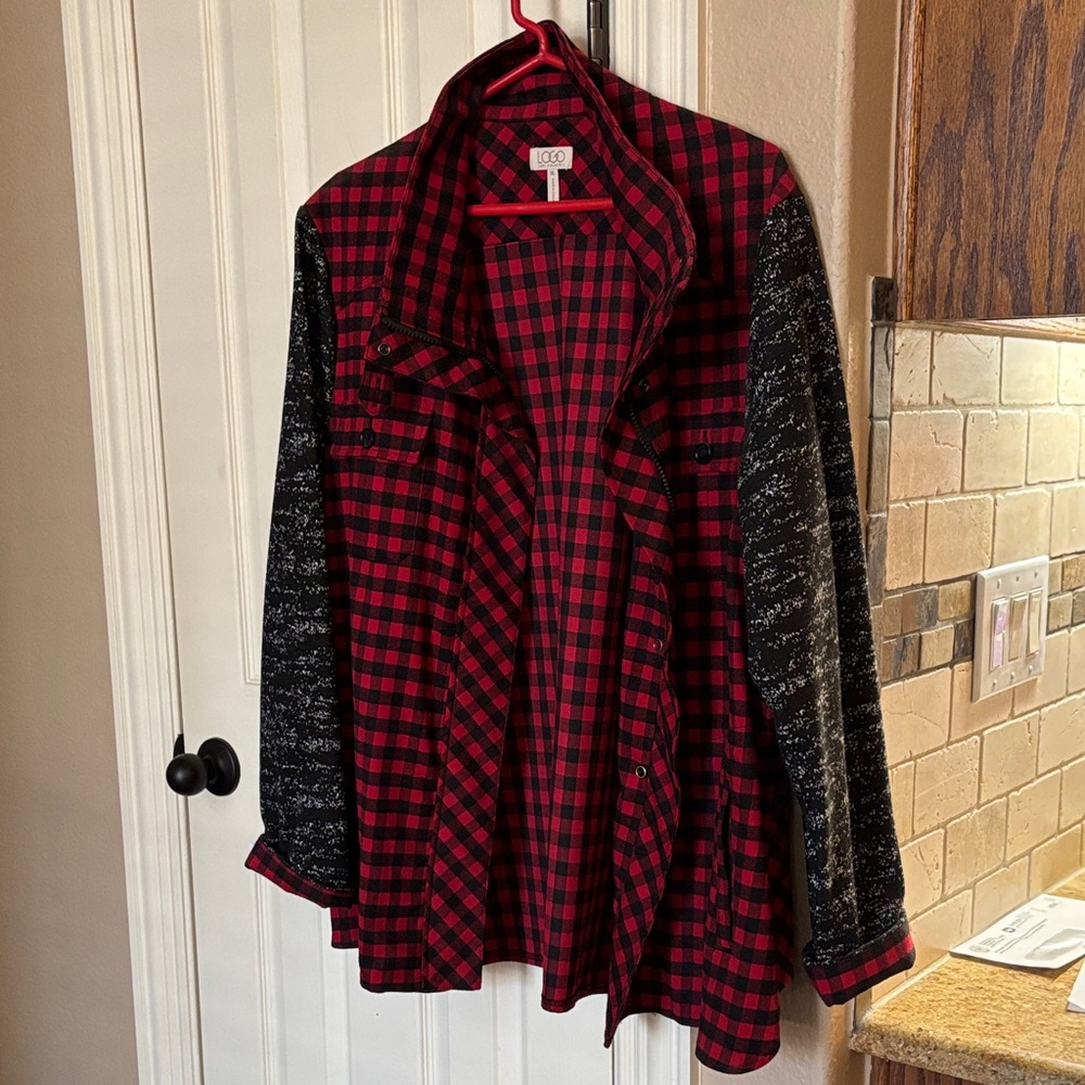 LOGO by Lori Goldstein Red and Black Checkered Top